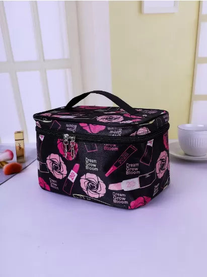 Women Makeup Bag Flower & Lipstick Print Zipper Cosmetic Organizer