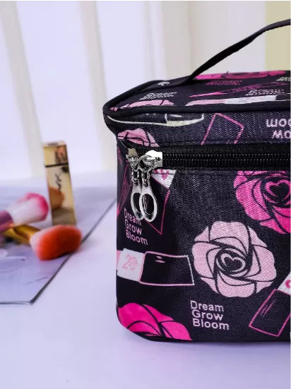 Women Makeup Bag Flower & Lipstick Print Zipper Cosmetic Organizer - Oshi.pk - Buy & Sell Online
