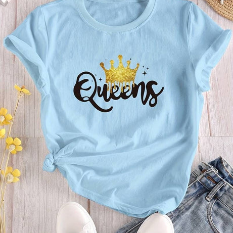 Women's Queen Letter Print T-Shirt, Casual Crew Neck Short Sleeve - Oshi.pk - Buy & Sell Online
