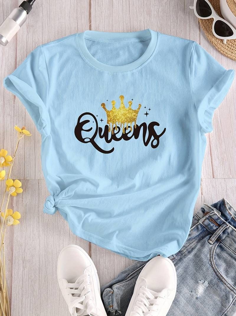 Women's Queen Letter Print T-Shirt, Casual Crew Neck Short Sleeve - Oshi.pk - Buy & Sell Online