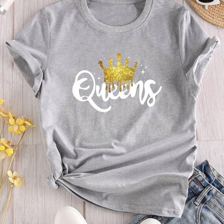 Women's Queen Letter Print T-Shirt, Casual Crew Neck Short Sleeve - Oshi.pk - Buy & Sell Online