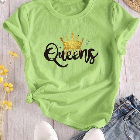 Women's Queen Letter Print T-Shirt, Casual Crew Neck Short Sleeve - Oshi.pk - Buy & Sell Online