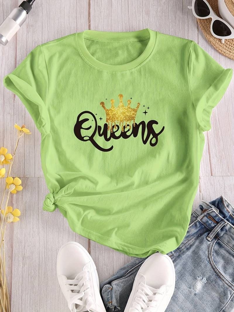 Women's Queen Letter Print T-Shirt, Casual Crew Neck Short Sleeve - Oshi.pk - Buy & Sell Online