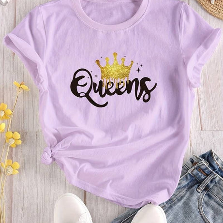 Women's Queen Letter Print T-Shirt, Casual Crew Neck Short Sleeve - Oshi.pk - Buy & Sell Online