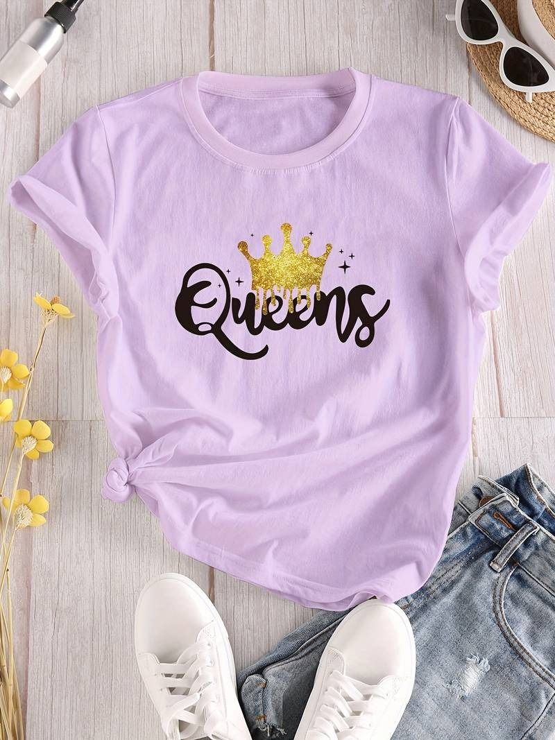 Women's Queen Letter Print T-Shirt, Casual Crew Neck Short Sleeve - Oshi.pk - Buy & Sell Online