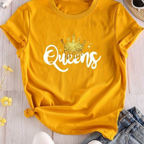 Women's Queen Letter Print T-Shirt, Casual Crew Neck Short Sleeve - Oshi.pk - Buy & Sell Online