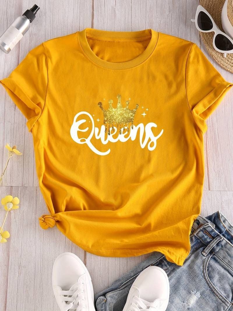 Women's Queen Letter Print T-Shirt, Casual Crew Neck Short Sleeve - Oshi.pk - Buy & Sell Online