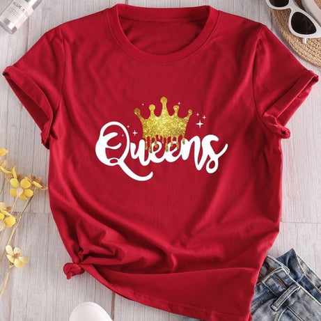Women's Queen Letter Print T-Shirt, Casual Crew Neck Short Sleeve - Oshi.pk - Buy & Sell Online