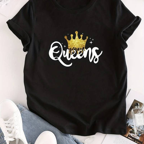 Women's Queen Letter Print T-Shirt, Casual Crew Neck Short Sleeve