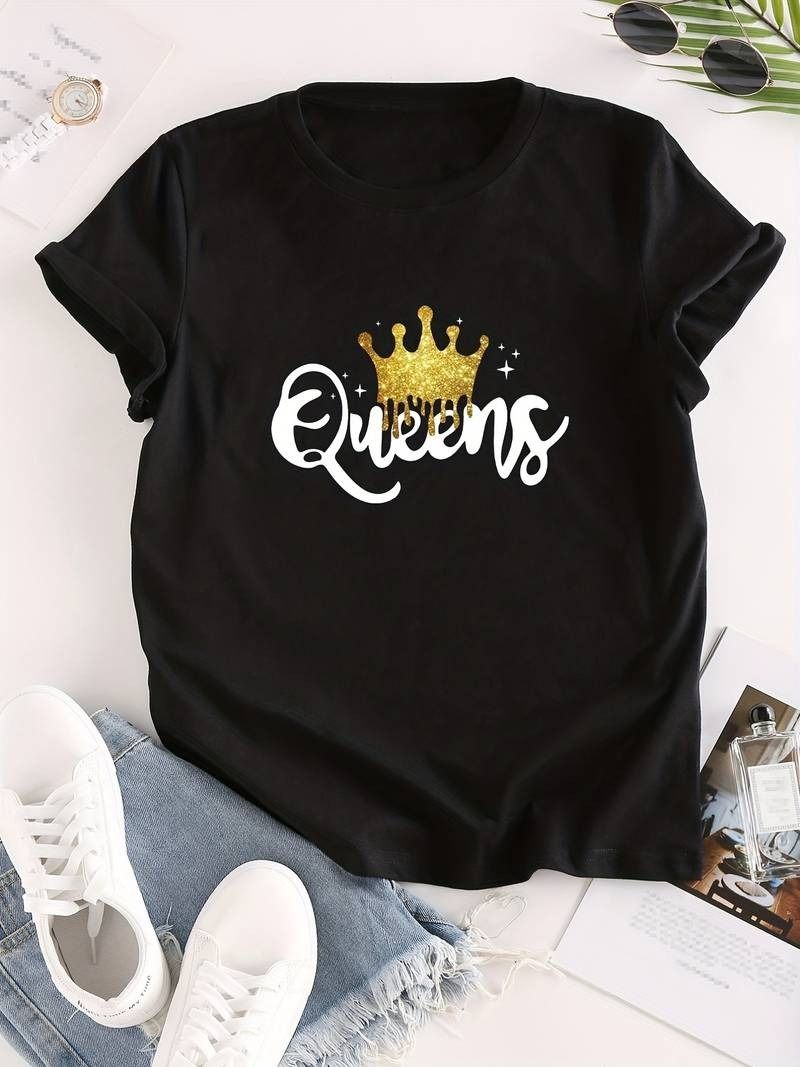 Women's Queen Letter Print T-Shirt, Casual Crew Neck Short Sleeve - Oshi.pk - Buy & Sell Online