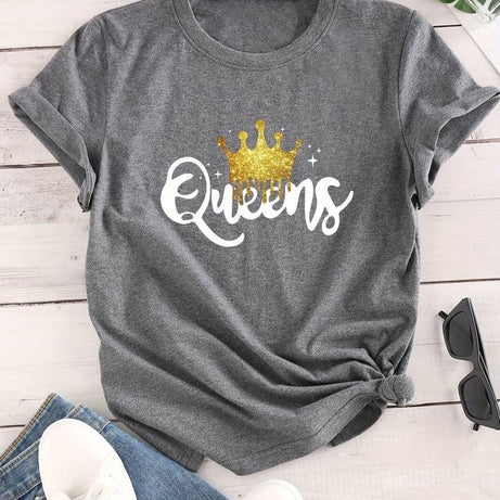 Women's Queen Letter Print T-Shirt, Casual Crew Neck Short Sleeve - Oshi.pk - Buy & Sell Online