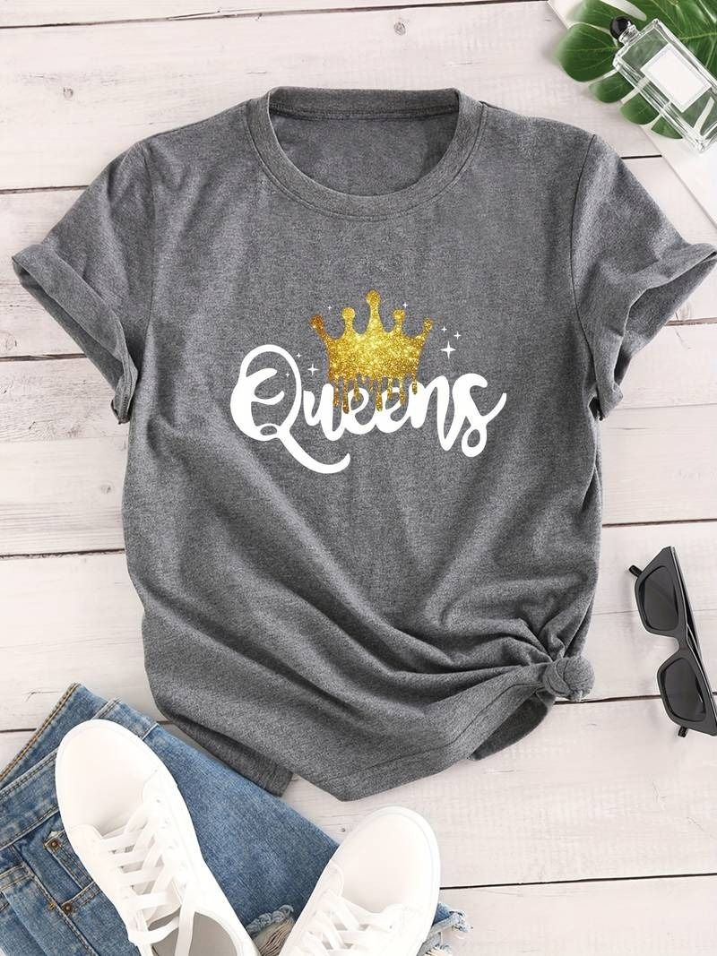 Women's Queen Letter Print T-Shirt, Casual Crew Neck Short Sleeve - Oshi.pk - Buy & Sell Online