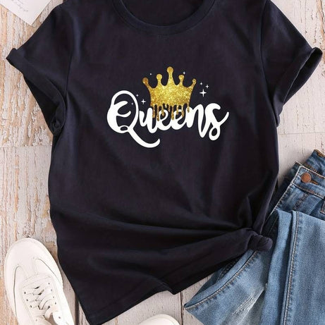 Women's Queen Letter Print T-Shirt, Casual Crew Neck Short Sleeve - Oshi.pk - Buy & Sell Online