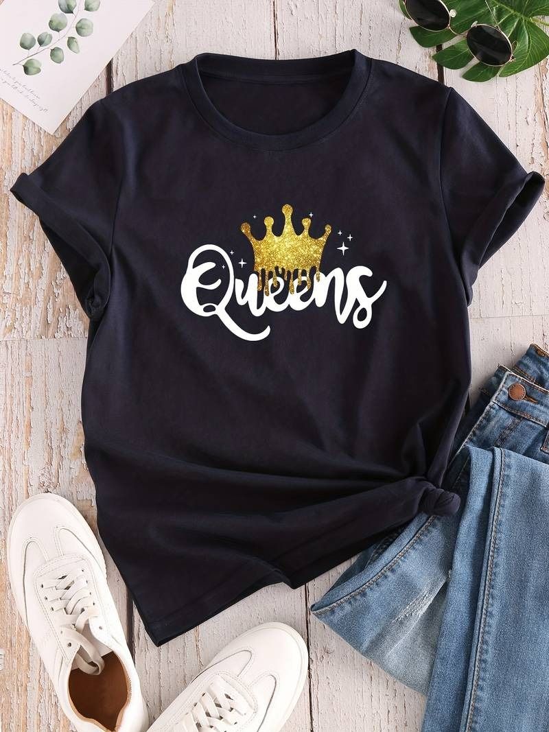 Women's Queen Letter Print T-Shirt, Casual Crew Neck Short Sleeve - Oshi.pk - Buy & Sell Online