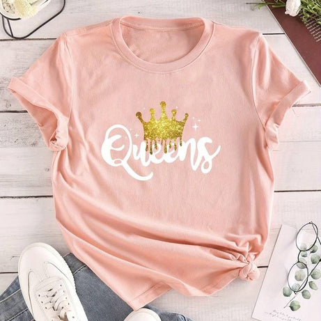 Women's Queen Letter Print T-Shirt, Casual Crew Neck Short Sleeve - Oshi.pk - Buy & Sell Online