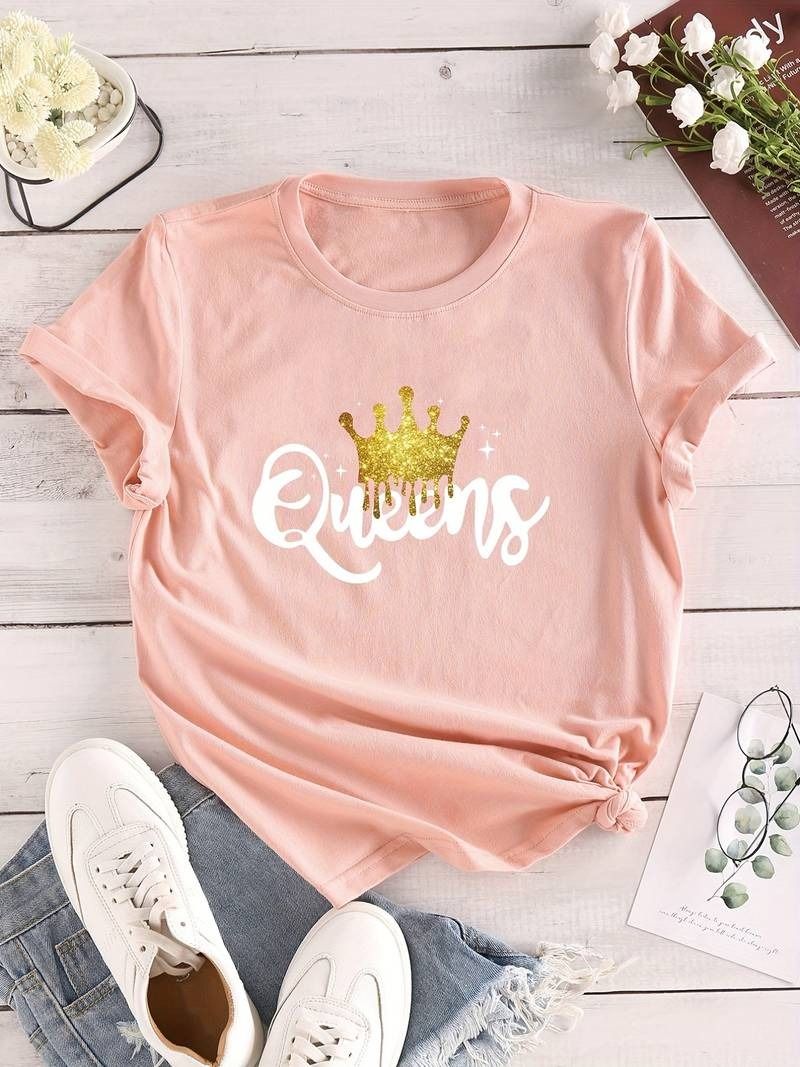 Women's Queen Letter Print T-Shirt, Casual Crew Neck Short Sleeve - Oshi.pk - Buy & Sell Online