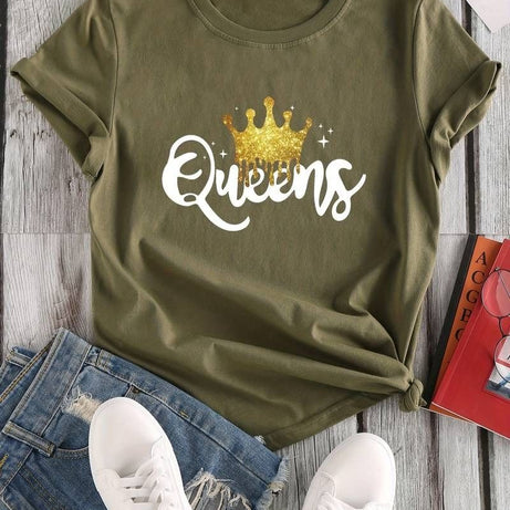 Women's Queen Letter Print T-Shirt, Casual Crew Neck Short Sleeve - Oshi.pk - Buy & Sell Online