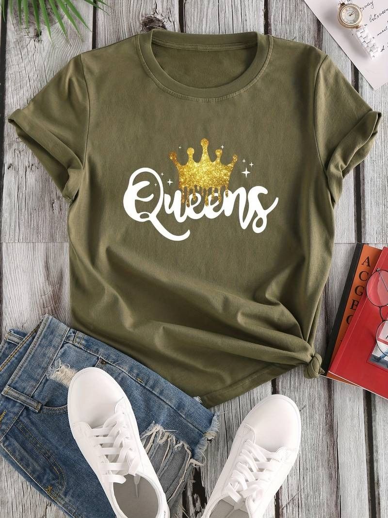 Women's Queen Letter Print T-Shirt, Casual Crew Neck Short Sleeve - Oshi.pk - Buy & Sell Online