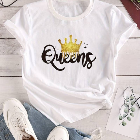 Women's Queen Letter Print T-Shirt, Casual Crew Neck Short Sleeve - Oshi.pk - Buy & Sell Online