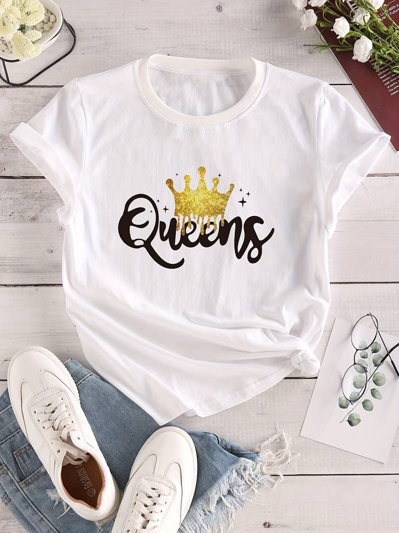 Women's Queen Letter Print T-Shirt, Casual Crew Neck Short Sleeve - Oshi.pk - Buy & Sell Online