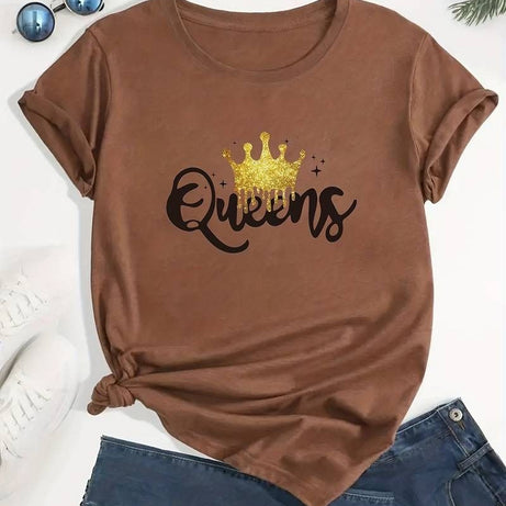Women's Queen Letter Print T-Shirt, Casual Crew Neck Short Sleeve - Oshi.pk - Buy & Sell Online