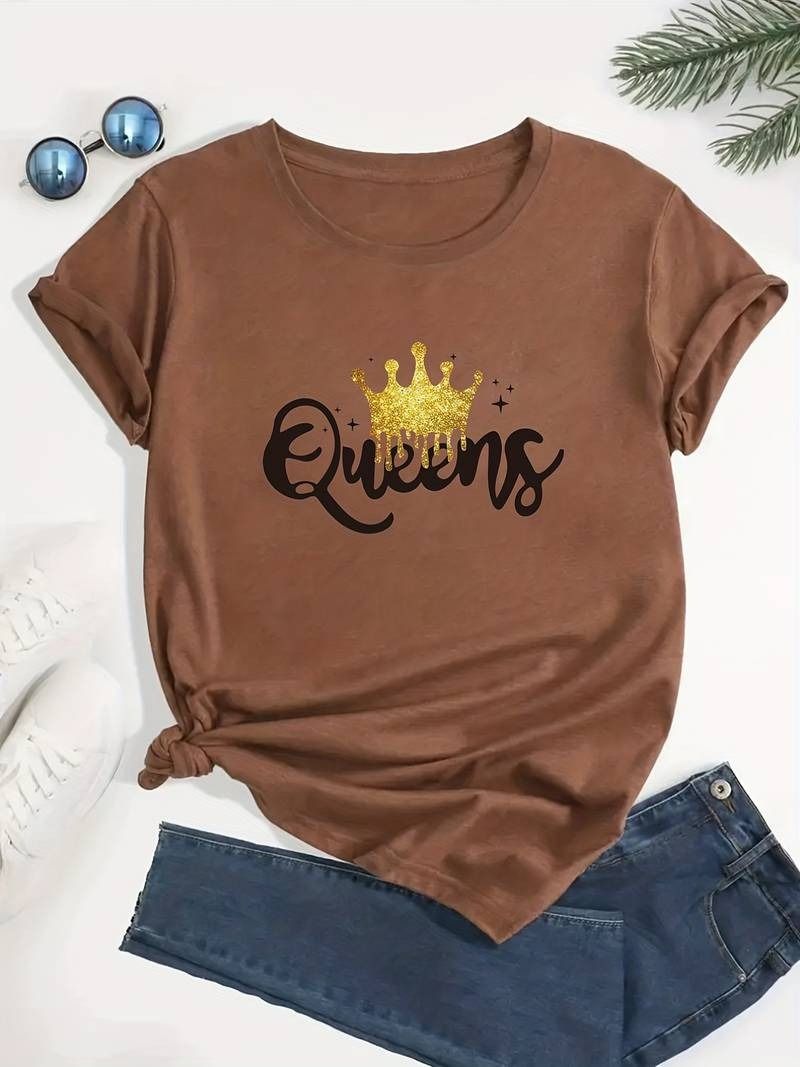 Women's Queen Letter Print T-Shirt, Casual Crew Neck Short Sleeve - Oshi.pk - Buy & Sell Online