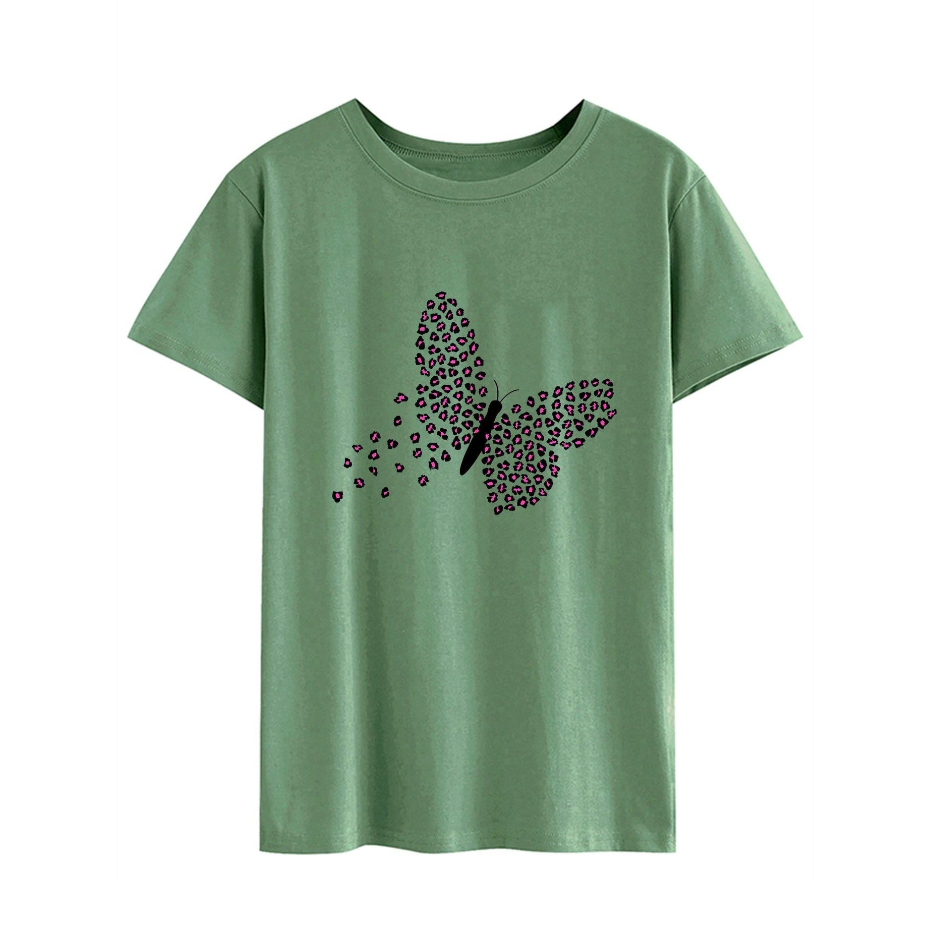 Women Short Sleeve Butterfly Print Crew Neck Graphic Tee