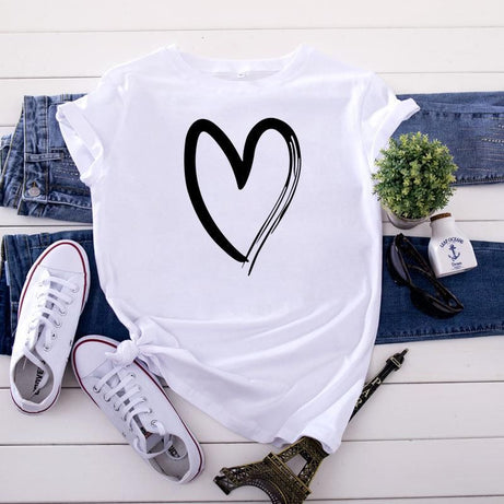 Women T-shirt Fashion Heart Pattern Print O-Neck Short Sleeve Casual Cotton Tops. - Oshi.pk - Buy & Sell Online