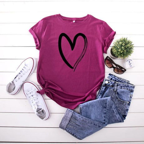 Women T-shirt Fashion Heart Pattern Print O-Neck Short Sleeve Casual Cotton Tops. - Oshi.pk - Buy & Sell Online