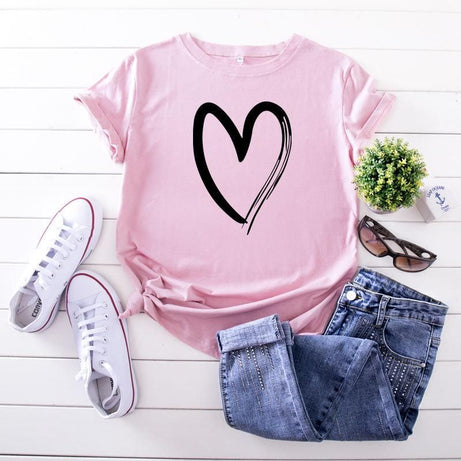 Women T-shirt Fashion Heart Pattern Print O-Neck Short Sleeve Casual Cotton Tops. - Oshi.pk - Buy & Sell Online