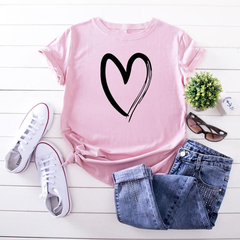 Women T-shirt Fashion Heart Pattern Print O-Neck Short Sleeve Casual Cotton Tops. - Oshi.pk - Buy & Sell Online