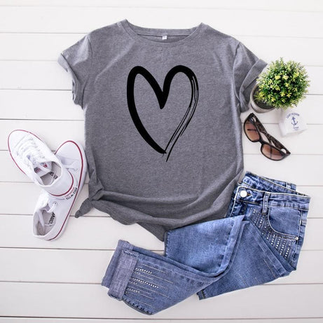 Women T-shirt Fashion Heart Pattern Print O-Neck Short Sleeve Casual Cotton Tops. - Oshi.pk - Buy & Sell Online