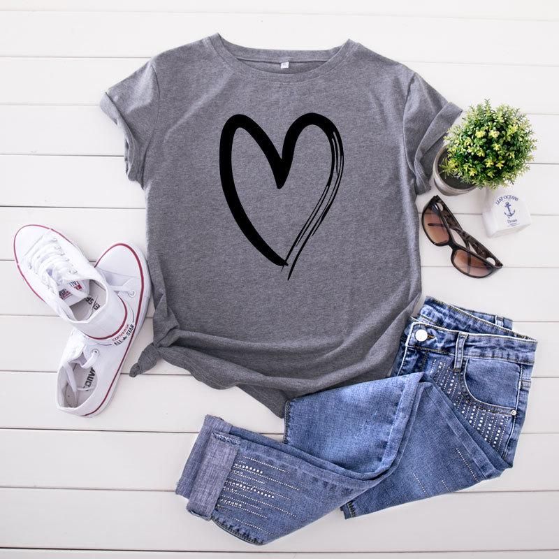 Women T-shirt Fashion Heart Pattern Print O-Neck Short Sleeve Casual Cotton Tops. - Oshi.pk - Buy & Sell Online