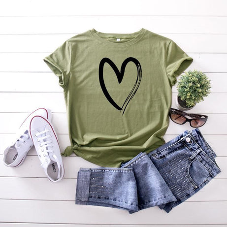 Women T-shirt Fashion Heart Pattern Print O-Neck Short Sleeve Casual Cotton Tops.