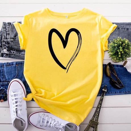 Women T-shirt Fashion Heart Pattern Print O-Neck Short Sleeve Casual Cotton Tops. - Oshi.pk - Buy & Sell Online