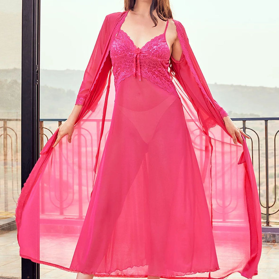 Womens 2 Pcs Set of Night Long slip and Robe (Pink)