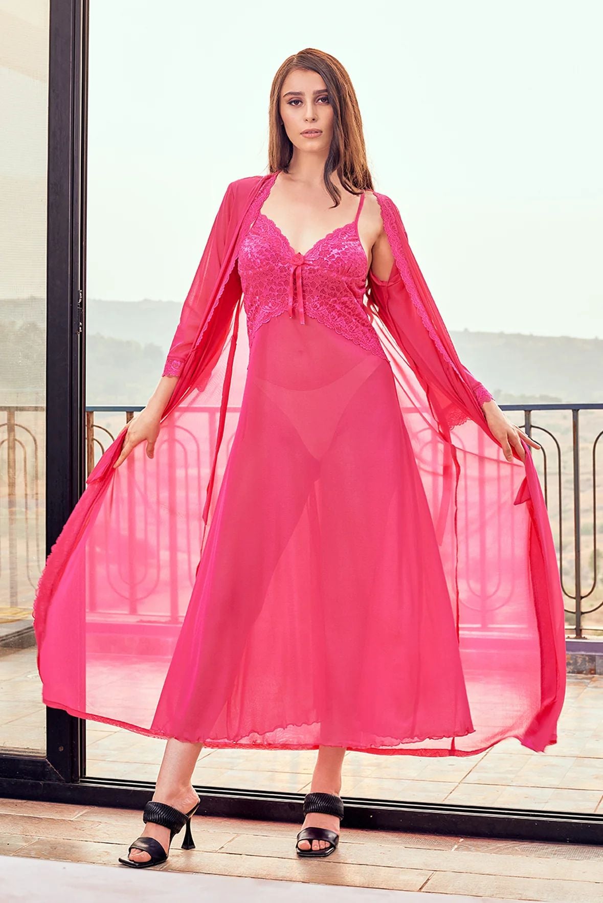 Womens 2 Pcs Set of Night Long slip and Robe (Pink)