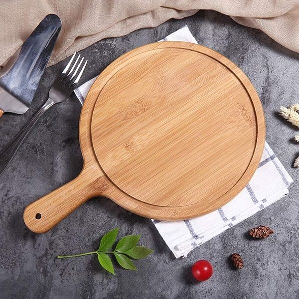Wooden Pizza Board with Handle Round Baking Tray Pizza Stone Cutting Board Platter - Oshi.pk - Buy & Sell Online