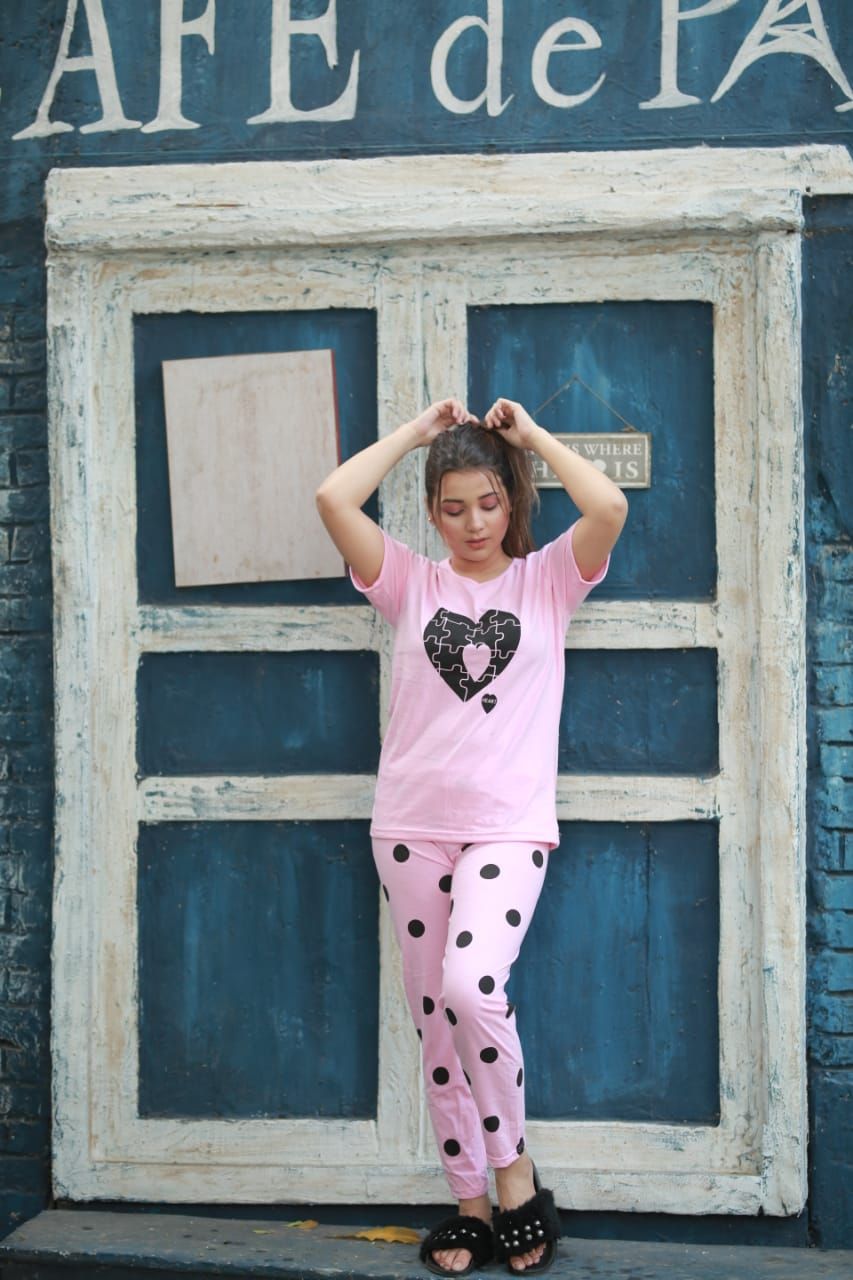 Big Heart with Dotted Style Pajama Half Sleeves Night Suit for her - Oshi.pk - Buy & Sell Online