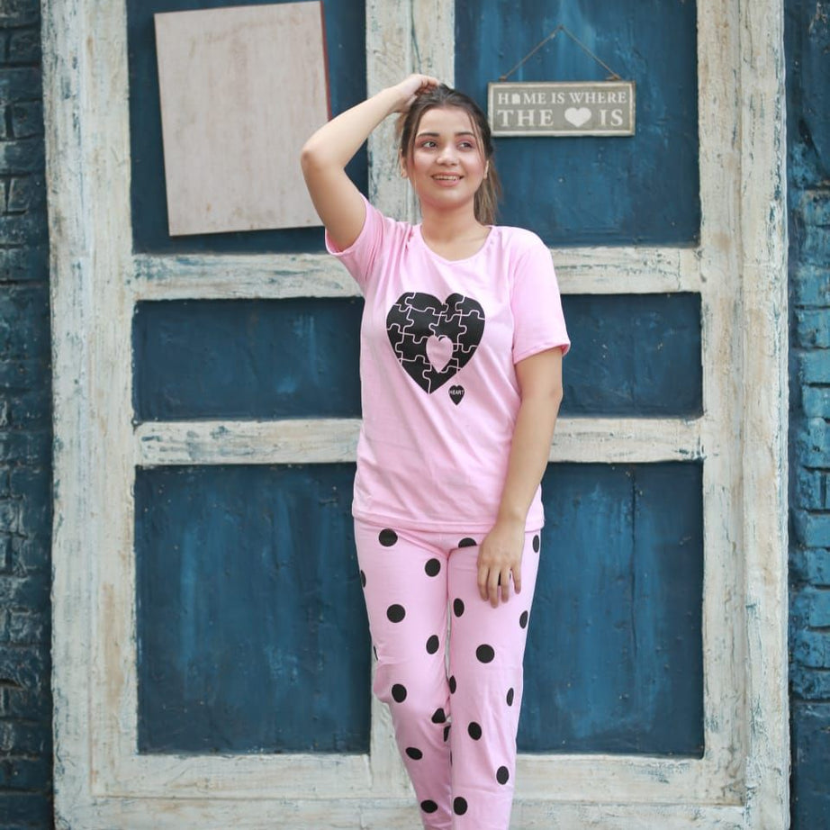 Big Heart with Dotted Style Pajama Half Sleeves Night Suit for her - Oshi.pk - Buy & Sell Online