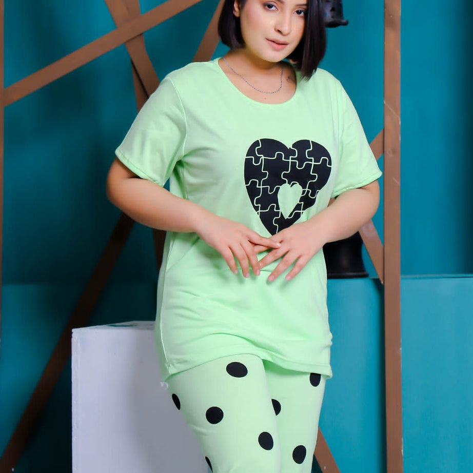 Big Heart with Dotted Style Pajama Half Sleeves Night Suit for her