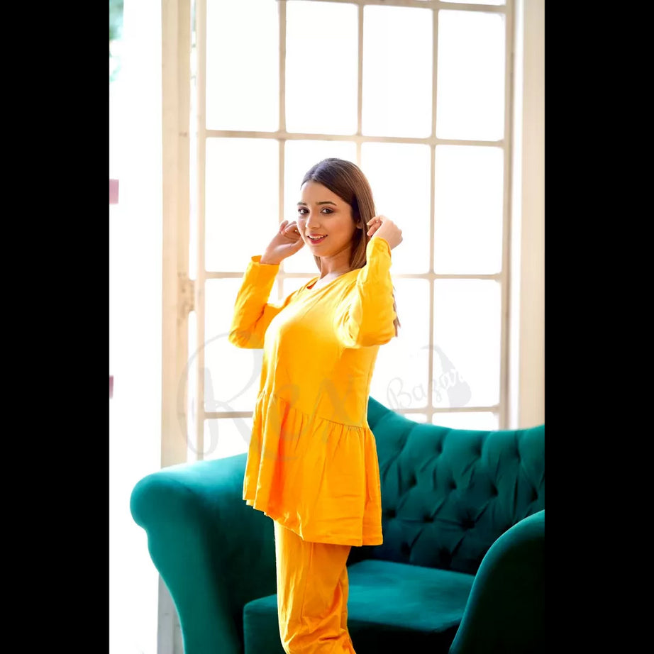 Yellow Frill Style T Shirt with Palazzo style pajama Full Sleeves Night Suit for her - Oshi.pk - Buy & Sell Online