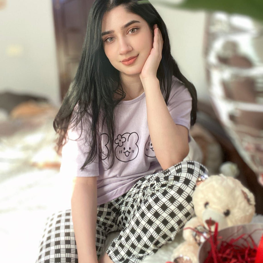 Light Purple Bear Print Half Sleeves T-shirt With Check Trouser Suit - Oshi.pk - Buy & Sell Online