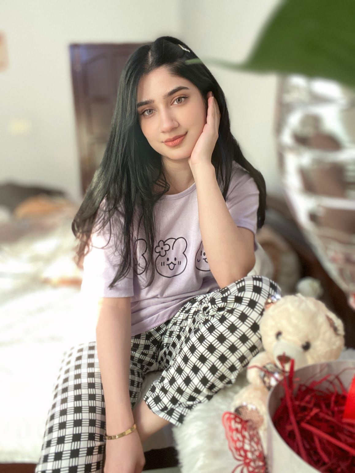 Light Purple Bear Print Half Sleeves T-shirt With Check Trouser Suit - Oshi.pk - Buy & Sell Online