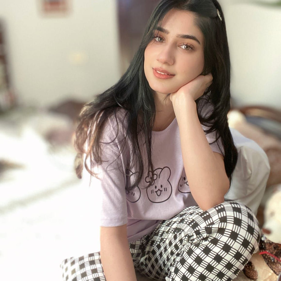 Light Purple Bear Print Half Sleeves T-shirt With Check Trouser Suit - Oshi.pk - Buy & Sell Online