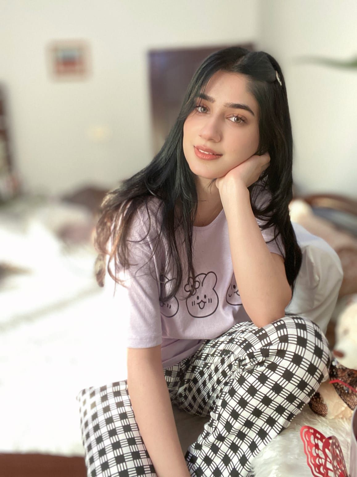 Light Purple Bear Print Half Sleeves T-shirt With Check Trouser Suit - Oshi.pk - Buy & Sell Online