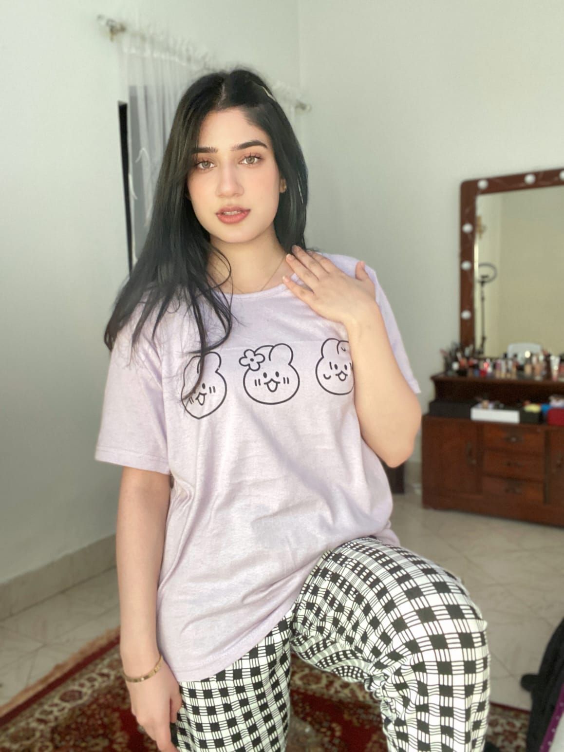 Light Purple Bear Print Half Sleeves T-shirt With Check Trouser Suit - Oshi.pk - Buy & Sell Online