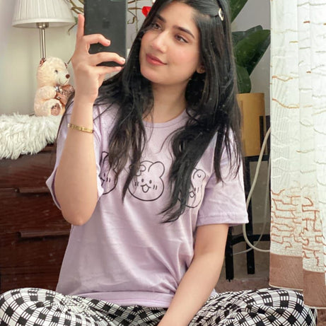 Light Purple Bear Print Half Sleeves T-shirt With Check Trouser Suit - Oshi.pk - Buy & Sell Online