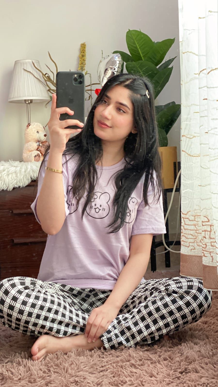 Light Purple Bear Print Half Sleeves T-shirt With Check Trouser Suit - Oshi.pk - Buy & Sell Online