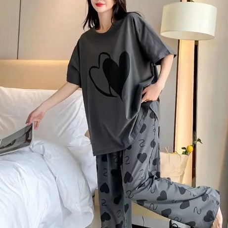 Grey with Black Heart Printed Tshirt and Trouser For Her